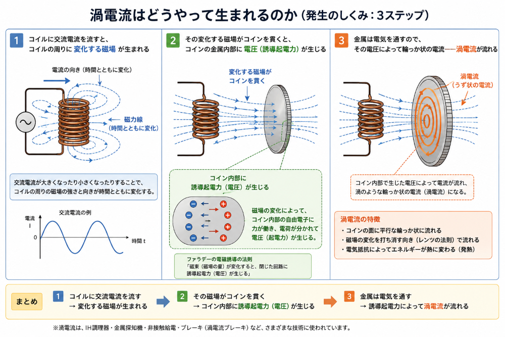 渦電流はどうやって生まれるのか（発生のしくみ・3ステップ）
