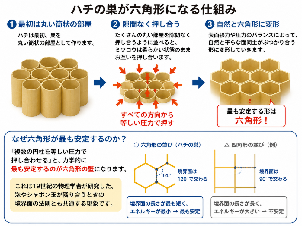 ハチの巣が六角形になる仕組み（円筒状の部屋が押し合って六角形に変形する過程と、120度で角度が安定する理由）
