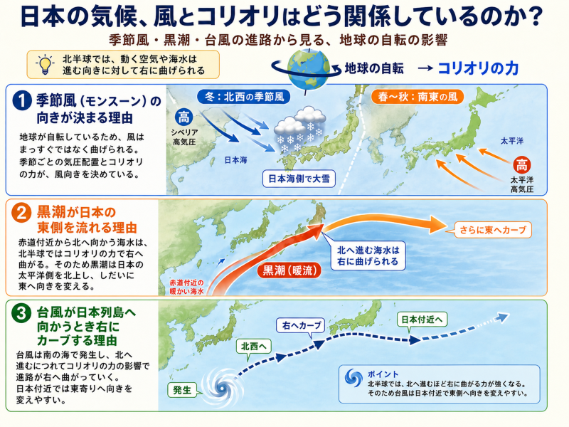 日本の気候、季節風、黒潮、台風進路を示す図