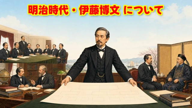 ブログ記事のアイキャッチ。640×360px、歴史教養ブログ「ムダシル。」用のポップで親しみやすい明治初期イラスト。中央で組織図を広げる伊藤博文、背景に日本初の内閣、ドイツで憲法を学ぶ場面、朝鮮をめぐって清と外交交渉をする場面を描く。内閣制度と憲法を整えながら、天津条約で隣国との衝突を避けようとする戦略的な政治が伝わる構図。文字・数字・吹き出し・ロゴは入れない