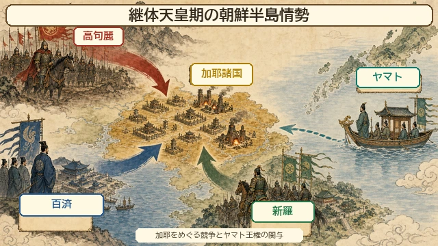 AI生成の歴史インフォグラフィック。高句麗、百済、新羅、加耶諸国、ヤマト王権の競争と関与を示す