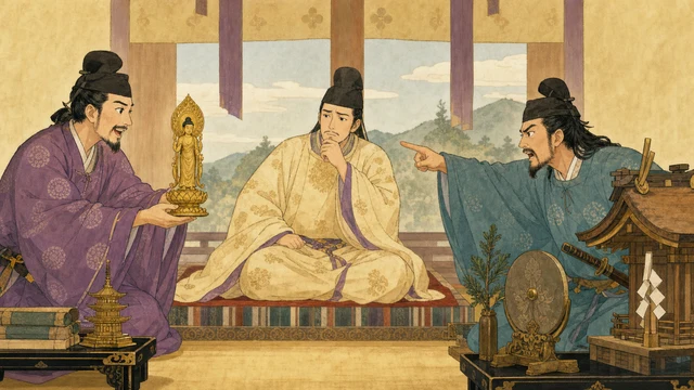 欽明天皇と蘇我稲目・物部尾輿の仏教論争を描いた図解