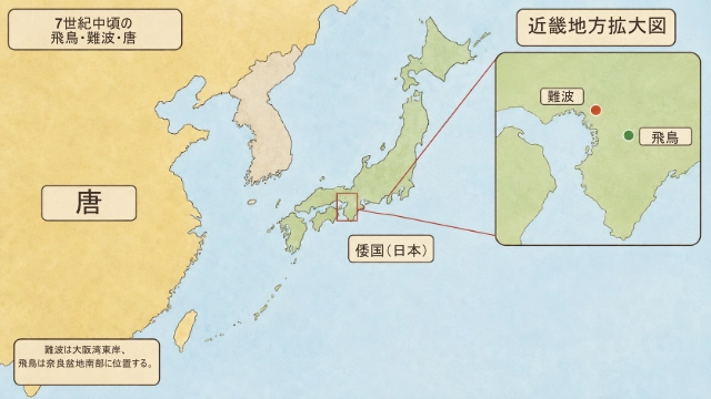 皇極天皇の時代における飛鳥・難波・唐の位置関係を示す東アジア地図