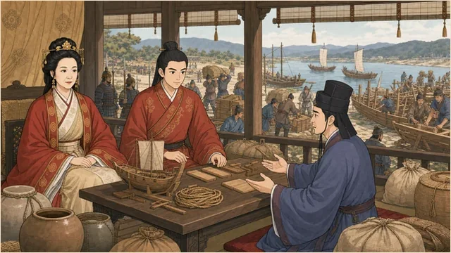 朝倉宮で斉明天皇、中大兄皇子、百済使節が救援軍の船・兵糧・兵員準備を協議する様子を描いたイラスト