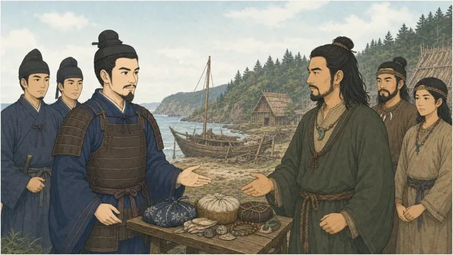 北方の海辺で阿倍比羅夫と蝦夷の長が贈答品を挟んで交渉する様子を描いたイラスト