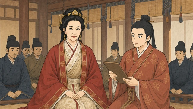 斉明天皇の重祚後に斉明天皇と中大兄皇子が母子で政権を運営する様子を描いたイラスト