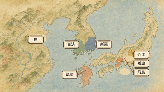 斉明天皇の物語に登場する飛鳥、難波、近江、筑紫、百済、新羅、唐の位置を描いた教材風イラスト地図
