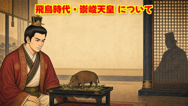 イノシシを見つめる崇峻天皇と格子越しの蘇我馬子を描いたイラスト