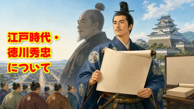 ブログ記事のアイキャッチ。16:9の横長ブログ用歴史イラスト。徳川秀忠を主役にする。父・家康の大きな影から一歩前へ出た秀忠が、巨大な「武家諸法度」を象徴する巻物と江戸城を背に、全国の大名を管理する実務型の二代目社長として立っている。背景に契約書、城、整然と並ぶ街道を薄く描き、「お飾り」ではなく制度を運用した人物という印象を表現する。親しみやすい教育向けデジタルイラスト。画像内に文字・タイトル・ロゴは入れない。流血や残酷描写は避ける