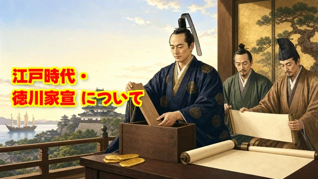 ブログ記事のアイキャッチ。16:9の横長ブログ用歴史イラスト。徳川家宣を主役にする。家宣が前代の古い規則を象徴する文字のない木札を片付け、新井白石と間部詮房が横で礼儀・外交・貨幣を象徴する完全な白紙の巻物を広げている。背景に江戸城、朝鮮通信使の船、表面が無地の質のよい小判を象徴的に描く。前代の混乱から知性と権威を取り戻すスマートな新将軍という印象。後からタイトルを重ねられる余白を左上に確保し、家宣たちの顔は右寄りに配置する。教育向けの上品なデジタルイラスト。画像内に文字・文字らしい記号・タイトル・ロゴは入れず、木札・巻物・小判も無地にする。犬や人を苦しめる描写、流血は避ける
