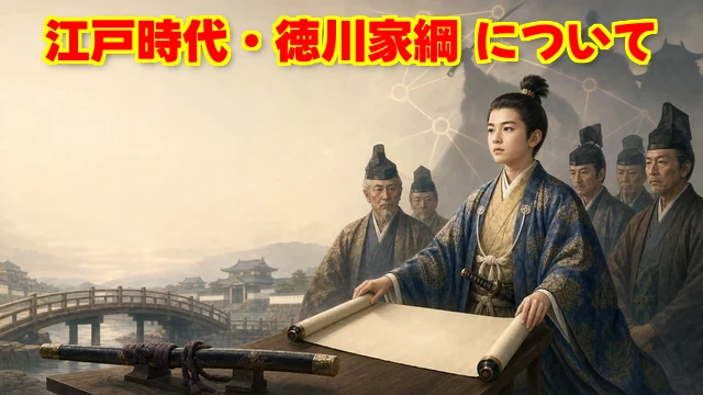 ブログ記事のアイキャッチ。16:9の横長ブログ用歴史イラスト。11歳で将軍になった徳川家綱を主役にする。幼いが落ち着いた表情の家綱が、武力を象徴する古い刀から、法と制度を象徴する白紙の巻物へ時代をつなぎ直している。背後に若い家綱を支える老中たち、慶安の変の不穏な影、家をつなぐ橋や組織図を薄く描き、武断政治から文治政治へ舵を切った将軍という印象を表現する。教育向けの穏やかなデジタルイラスト。後からタイトルを重ねられる余白を左上に確保し、家綱の顔と主要人物は右寄りに配置する。画像内に文字・文字らしい記号・タイトル・ロゴは入れず、巻物も完全な白紙にする。流血や残酷描写は避ける
