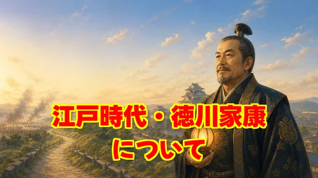 ブログ記事のアイキャッチ。16:9の横長ブログ用歴史イラスト。徳川家康を主役にする。落ち着いた表情の家康が、長い戦国の道の先で江戸城と穏やかな城下町を背に立ち、手に「安泰」を象徴する小さな灯りを持っている。遠景に関ヶ原の煙と大坂城のシルエットを薄く入れ、戦いを終わらせて平和の仕組みを届けた慎重な社長というイメージを表現する。親しみやすいデジタルイラスト、教育向けの上品な配色。画像内に文字・タイトル・ロゴは入れない。流血や残酷描写は避ける