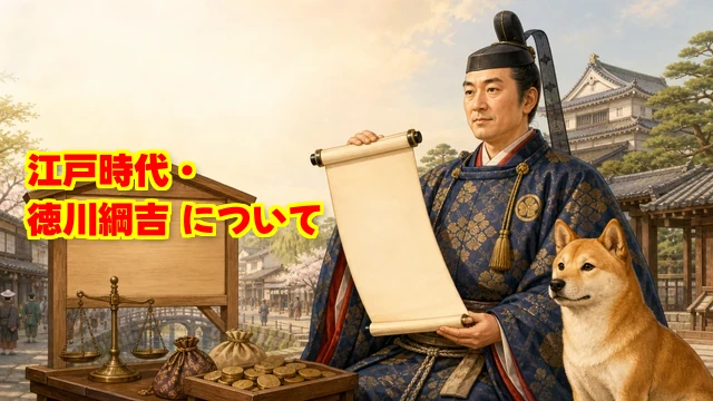 ブログ記事のアイキャッチ。16:9の横長ブログ用歴史イラスト。徳川綱吉を主役にする。綱吉が礼儀と学問を象徴する白紙の巻物を持ち、隣に穏やかな犬、背景に元禄期の江戸の町人文化と湯島の学問所が広がっている。片側には生類憐みの令を象徴する文字のない木札、もう片側には貨幣と秤を薄く描き、生命尊重と経済改革の両面を表現する。後からタイトルを重ねられる余白を左上に確保し、綱吉の顔と犬は右寄りに配置する。親しみやすい教育向けデジタルイラスト。画像内に文字・文字らしい記号・タイトル・ロゴは入れず、巻物と木札も完全な白紙にする。犬や町人を苦しめる残酷描写、流血は避ける