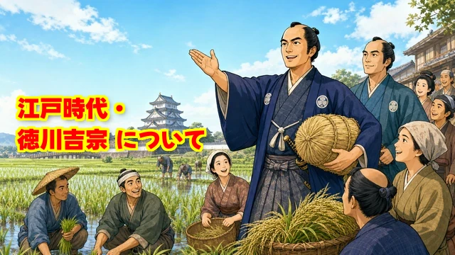 ブログ記事のアイキャッチ。640×360px、歴史教養ブログ「ムダシル。」用のポップで親しみやすい日本史イラスト。江戸時代、第8代将軍の徳川吉宗を主役に描く。吉宗は紀州から来た再建型リーダーとして、米俵を抱えながら前向きに指示を出している。周囲に大名、農民、大岡忠相、江戸の町人を配置し、背景に江戸城と豊かな水田を入れる。質素倹約・米の増産・現場の声を聞く改革が一目で伝わる構図。吉宗と主要人物を右寄りにまとめ、後からタイトルを重ねられる余白を左上に確保する。明るい配色、太めの輪郭線、表情豊かなデフォルメ人物、江戸時代の衣装。画面内に文字・文字らしい記号・数字・吹き出し・ロゴは入れない。人物の顔と米を使った改革の雰囲気が見やすい構図