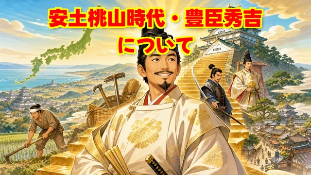 ブログ記事のアイキャッチ。16:9の横長ブログ用歴史イラスト。農民出身から天下人へ駆け上がった豊臣秀吉を主役にする。中央に明るく自信に満ちた秀吉、背後に農具から刀、関白の装束、大坂城へ続く出世の階段を象徴的に配置する。遠景に全国の城下町と日本列島を思わせる風景を入れ、低い身分から日本の主へという大逆転を一枚で表現する。人物は親しみやすいデジタルイラスト、教育向けでポップな配色。画像内に文字・タイトル・ロゴは入れない。流血や残酷描写は避ける