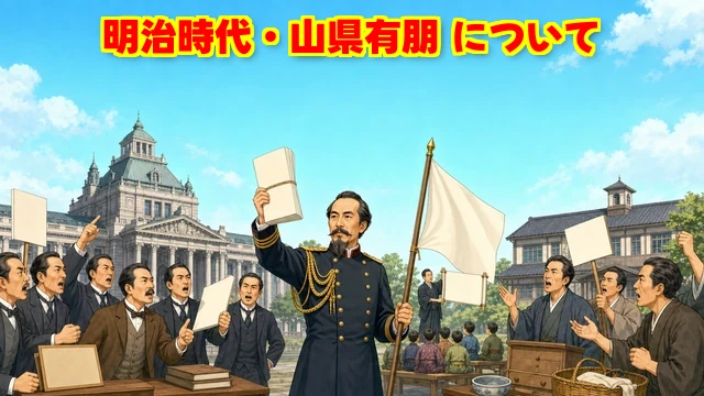 ブログ記事のアイキャッチ。640×360px、歴史教養ブログ「ムダシル。」用のポップで親しみやすい明治時代のイラスト。中央で軍事予算の札束と軍旗を掲げる山県有朋、左右で「軍備拡張」と「減税・民力休養」を主張する国会議員たちが対立する構図。背景に初めての国会議事堂と、教育勅語を掲げる学校を描き、軍隊・議会・教育を一度に整える政治が伝わるようにする。文字・数字・吹き出し・ロゴは入れない
