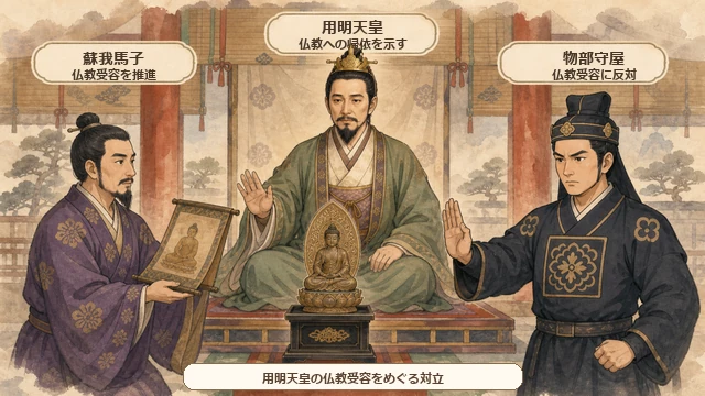 用明天皇を中心に蘇我馬子が仏教受容を推進し、物部守屋が反対する場面