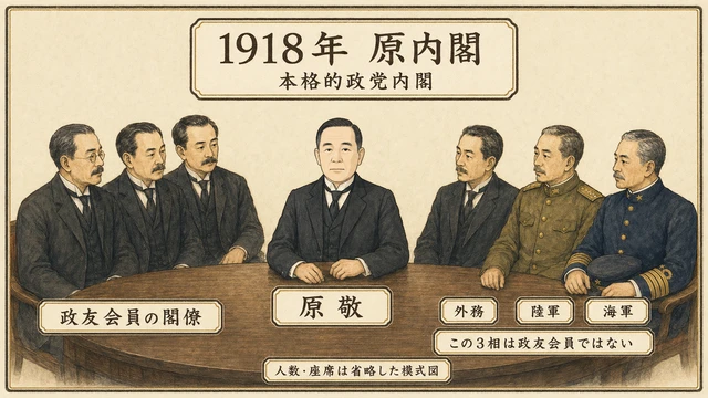 中央の原敬、左の政友会員の閣僚、右の政友会員ではない外務・陸軍・海軍大臣を説明文字で区別した本格的政党内閣の模式図