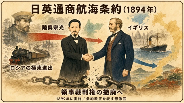 陸奥宗光が進めた条約改正を握手と壊れた鎖で表した文字付き想像図。1894年調印、1899年実施。実際の調印現場の再現ではない
