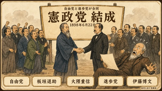板垣退助と大隈重信の握手、憲政党の看板、驚く伊藤博文で1898年の政党合同を表した文字付き想像図