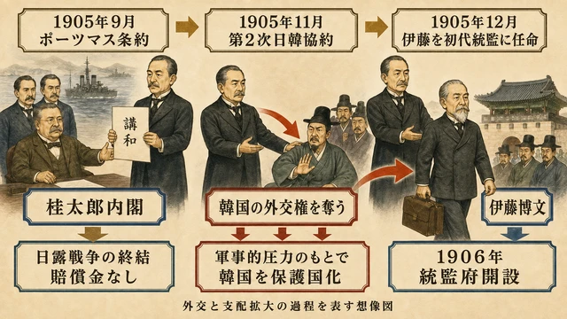 1905年の講和と韓国の外交権喪失、伊藤博文の初代統監任命から1906年の統監府開設までを示す文字入り図