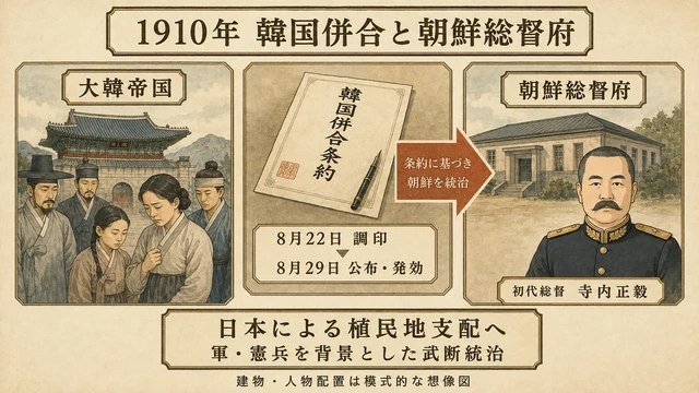 1910年の韓国併合条約の調印と公布・発効、朝鮮総督府と初代総督寺内正毅による植民地統治を示す説明図