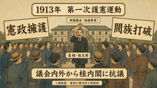 憲政擁護・閥族打破の札を掲げる群衆と、中央で困惑する桂太郎を描き、議会内外からの抗議を示した模式図