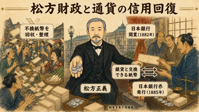 松方正義による紙幣整理、日本銀行の1882年開業、1885年の兌換銀券発行を示す文字付きの制度説明想像図