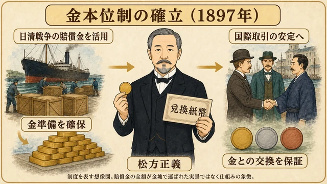 松方正義が日清戦争の賠償金を金準備に活用し、金本位制と通貨への信用を整えた仕組みを描いた文字付き想像図