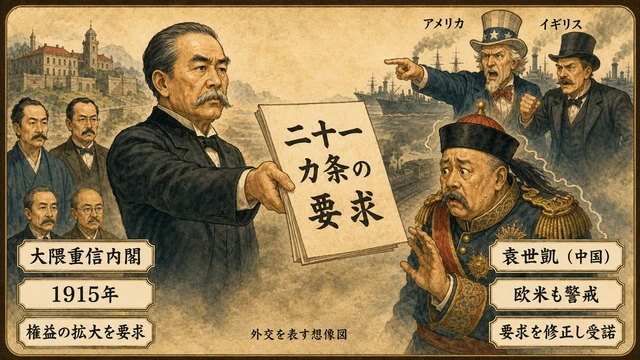 二十一カ条の要求を示す大隈重信内閣と袁世凱、警戒する欧米を象徴的に描いた説明図