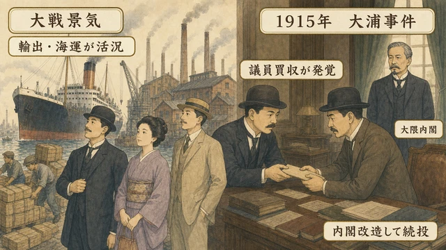 左に輸出船と工場、右に議員買収を表す封筒の受け渡しを描き、大浦事件と内閣改造後の続投を説明する図解