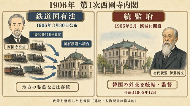 1906年の鉄道国有法による主要私鉄17社の買収と、漢城の統監府および初代統監伊藤博文を分けて示した説明図