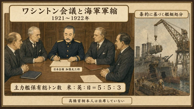日本全権の加藤友三郎が各国代表と条約に調印する模式的な場面と、別枠の艦艇処分。米英日の主力艦保有総トン数比率5対5対3と高橋首相不出席を説明する図