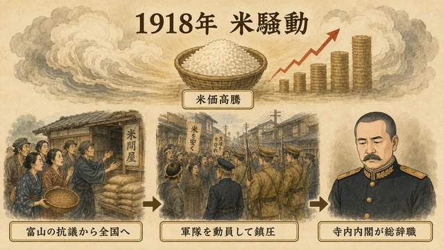 米価高騰、富山から全国へ広がる抗議、軍隊の動員、寺内内閣の総辞職を文字と場面で説明する米騒動の図解