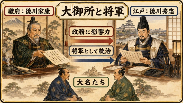 駿府から政務に影響を及ぼす大御所家康と、江戸で統治する将軍秀忠、大名たちを描いた文字付き想像図