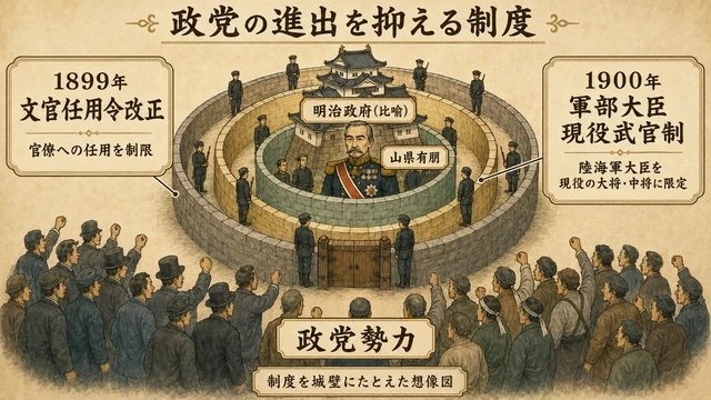 山県有朋を囲む二重の城壁で、文官任用令改正と軍部大臣現役武官制を説明した文字入り図