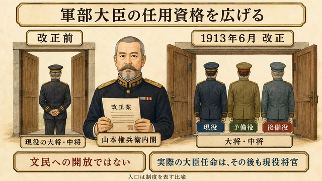 狭い入口と広い入口を比較し、軍部大臣の資格が現役限定から予備役・後備役の大将・中将にも広がったことを説明する図