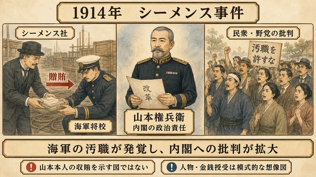シーメンス社から海軍将校への贈賄、山本権兵衛内閣の政治責任、民衆・野党の批判を三つの場面に分けた図