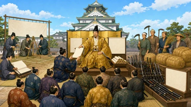 大坂城を中心に、関白の装束を身につけた豊臣秀吉が全国の大名へ停戦命令を配り、各地の大名が頭を下げるイメージ図。文字なし、城と人物の関係が一目でわかる構成