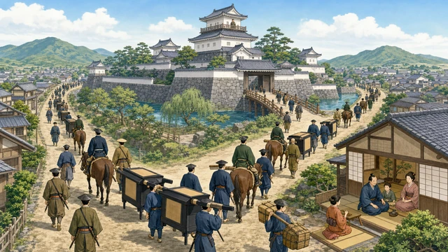 江戸(本社)を中心に、全国から行列を組んでやってくる大名たちと、江戸の屋敷で暮らす家族。さらにその様子を上から監視する徳川家光の図