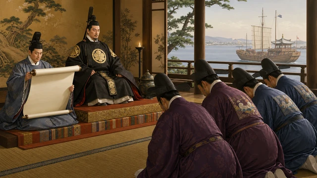 中央に座る徳川家宣が「日本国王」という大きな看板を掲げ、その横で新井白石がマナーマニュアルをチェックし、朝鮮の使節が畏まっている図。文字なし