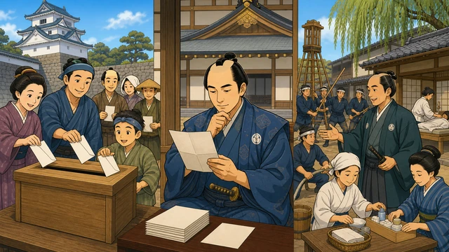 江戸城の評定所前に置かれた「目安箱」と、そこに手紙を入れる町人や農民たち。その手紙を徳川吉宗が読み、大岡忠相が町火消や小石川養生所の整備へつなげるステップ図。文字なし