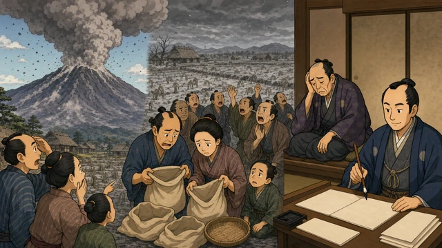 浅間山の噴火による火山灰が降り注ぐ中、倒れる農民たちと、商人中心の政策を批判される田沼意次、その背後で新しい厳格な改革の準備をする松平定信を配置したステップ図。文字なし