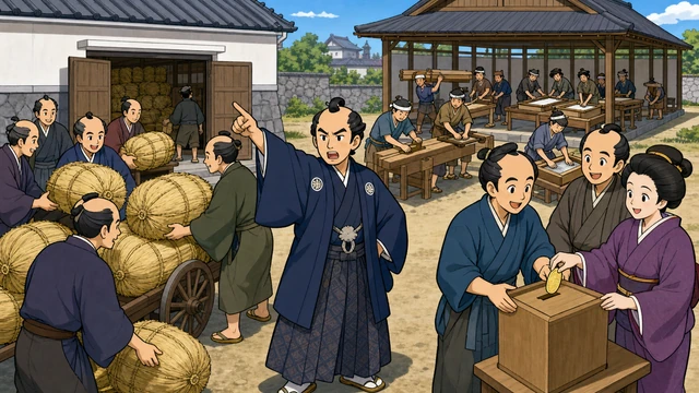 中央で厳しい顔をする松平定信が、大名に「囲米」の俵を、町人に「七分積金」の小判を強制的に箱へ詰めさせている、将来の災害に備えたストイックな備蓄システムの図。文字なし