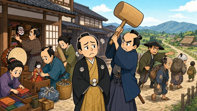 中央に座る徳川家慶が「そうせい」とつぶやき、その横で水野忠邦が贅沢禁止の巨大なハンマーを振り回し、町人の着物や祭りの道具を片づけ、浮浪者を農村へ戻しているイメージ図。文字なし