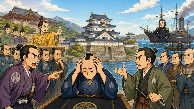 江戸城で頭を抱える阿部正弘。その周りに「意見を言わせろ!」と集まる徳川斉昭や島津斉彬。遠くの京都から「外国は嫌いだ!」と叫ぶ孝明天皇。そして海にはペリーの黒船が浮いている混乱の図。文字なし