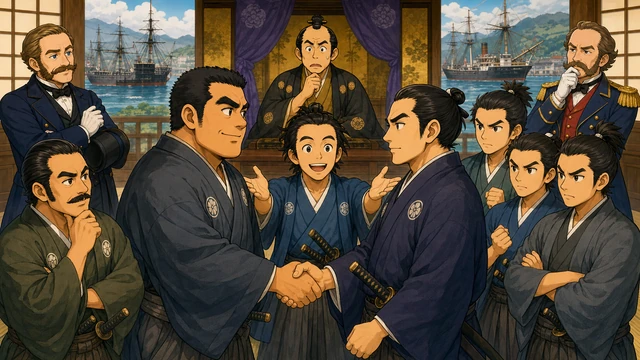 中央で手を結ぶ西郷隆盛と木戸孝允。その間を取り持つ坂本龍馬。背後では焦り始める幕府の徳川慶喜と、不気味に支援するイギリスのパークスとフランスのロッシュの関係図。文字なし