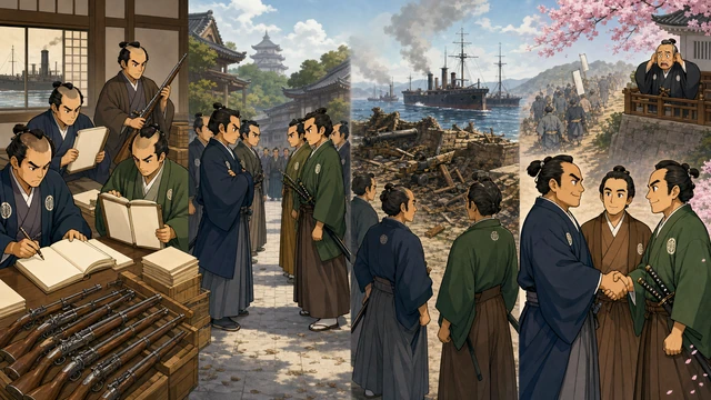 薩摩と長州が財政再建、京都で対立、外国との戦争で敗北、坂本龍馬の仲介で握手するまでを4段階で示すステップ図。最後に徳川慶喜が焦り、第二次長州征討が失敗する流れ。文字なし