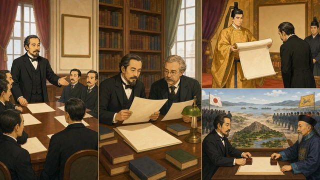中央で「天津条約」にハンコを押す伊藤博文と李鴻章。その間には「朝鮮」という小さな市場があり、お互いの軍隊がそこから引き揚げていく様子