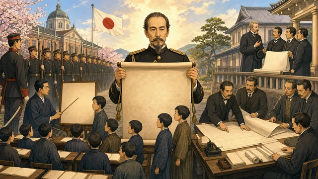 中央で「教育勅語」の巻物を持つ山県有朋。その下には整列して社訓を覚える子供たち。横にはドイツ人アドバイザー（モッセら）に教わりながら地方の地図を書き換える役人の図